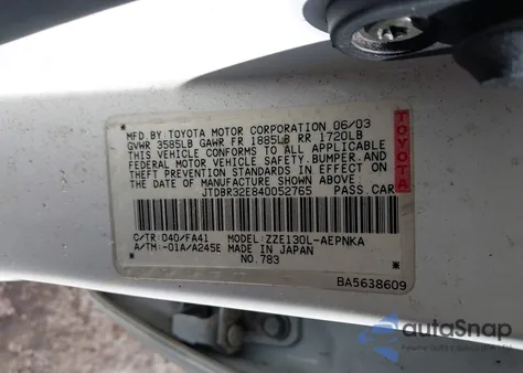 2004 Toyota Corolla Le z USA, uszkodzony, nr VIN JTDBR32E840052765